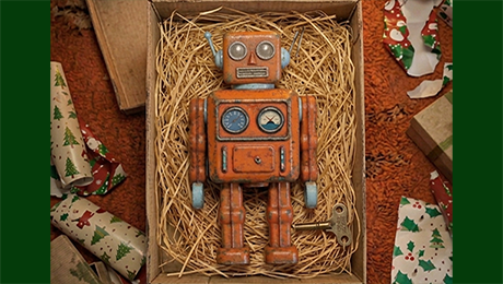 The orange robot in its gift box